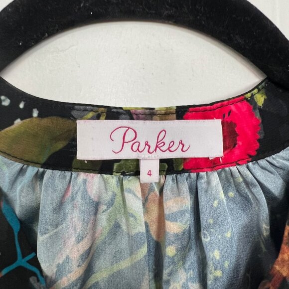 Parker Midi Dress Black Colorful Floral Button Down Long Sleeve Belted 4 Small - Picture 2 of 6